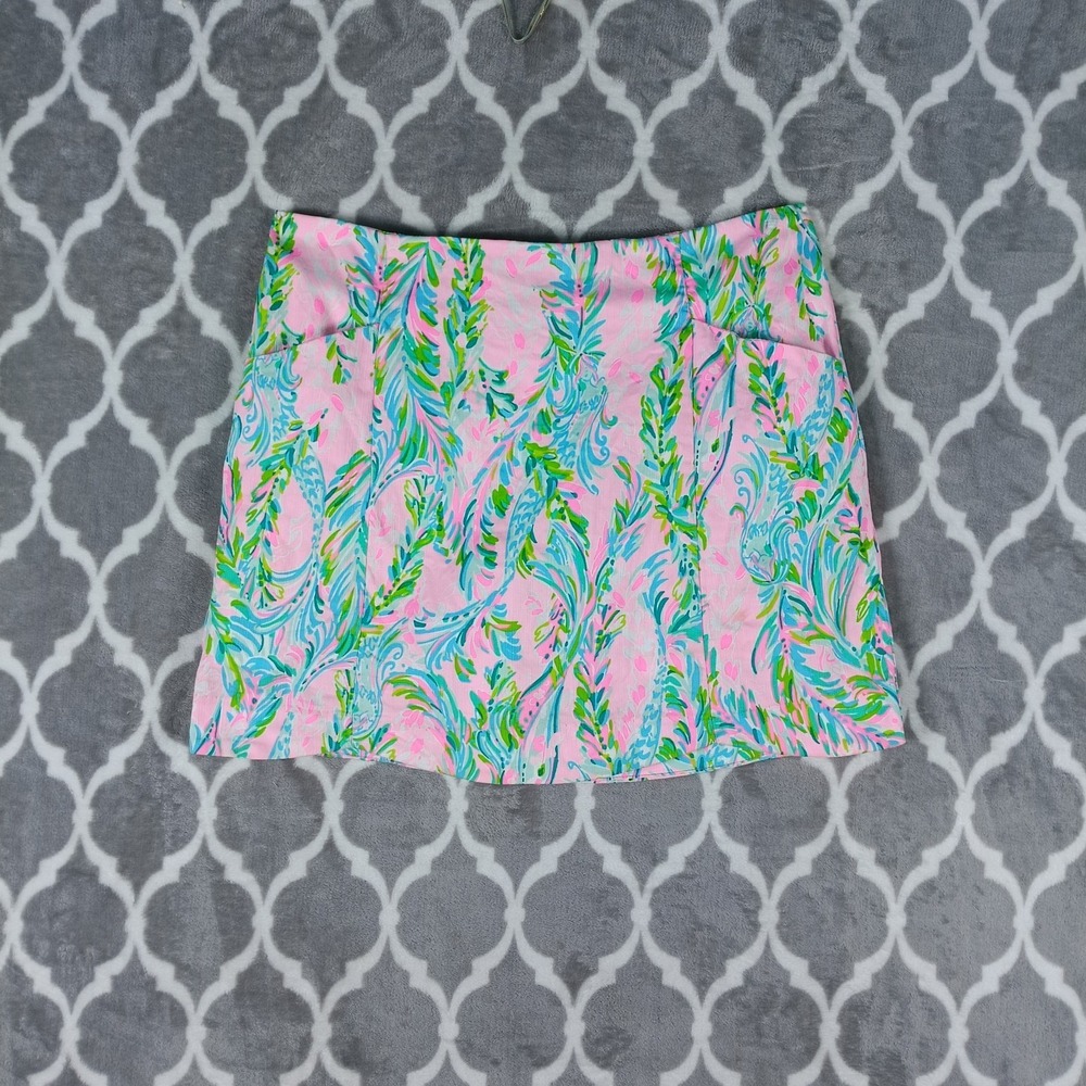 Lilly Pulitzer Skirt Skort Women Size 10 Pink Green Scalloped Hem Pockets Resort - Picture 13 of 14
